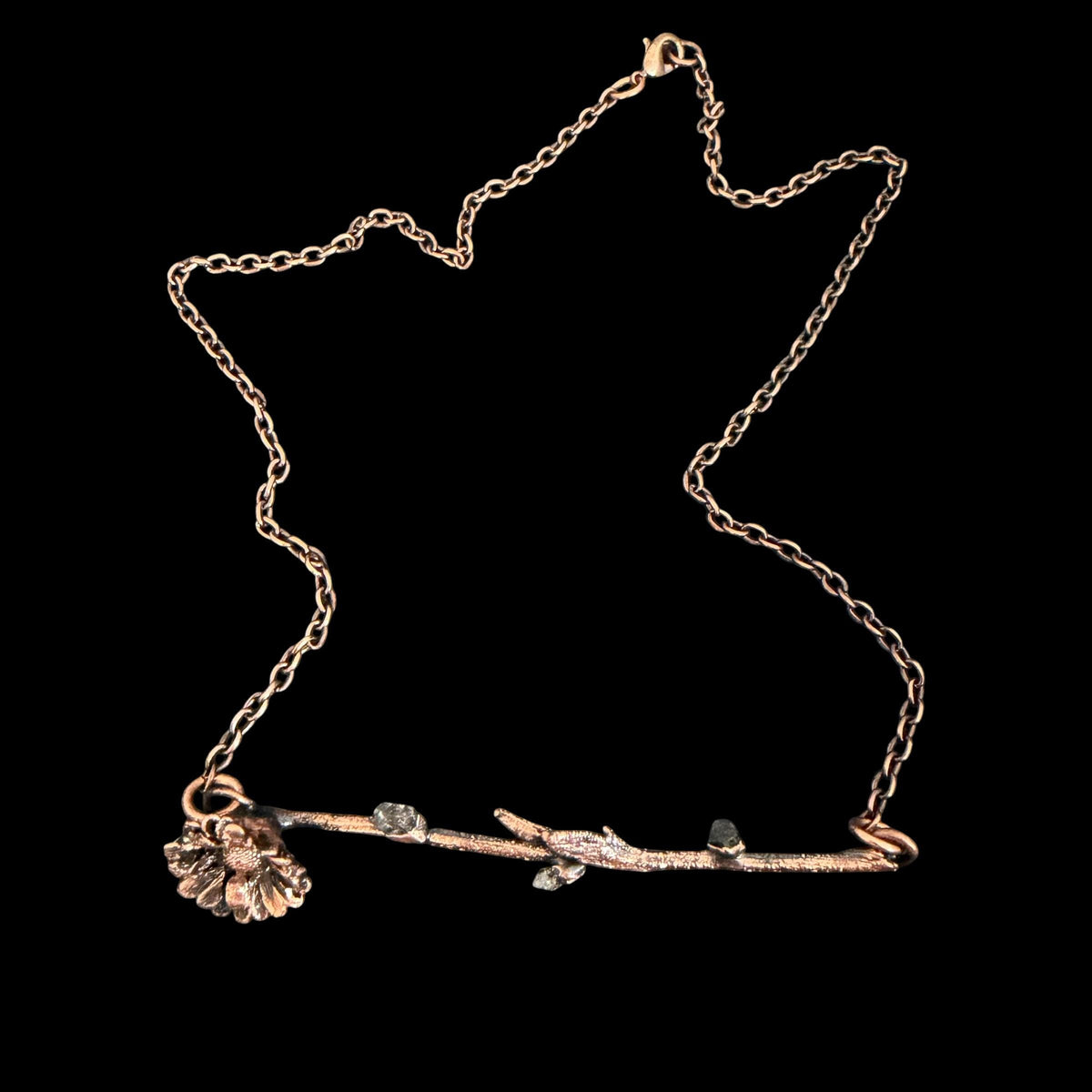 Electroformed Flower Branch Necklace with Herkimer Diamond | Horizontal Copper Bar | Handmade Botanical Jewelry | Boho Crystal