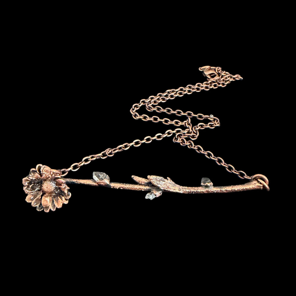Electroformed Flower Branch Necklace with Herkimer Diamond | Horizontal Copper Bar | Handmade Botanical Jewelry | Boho Crystal