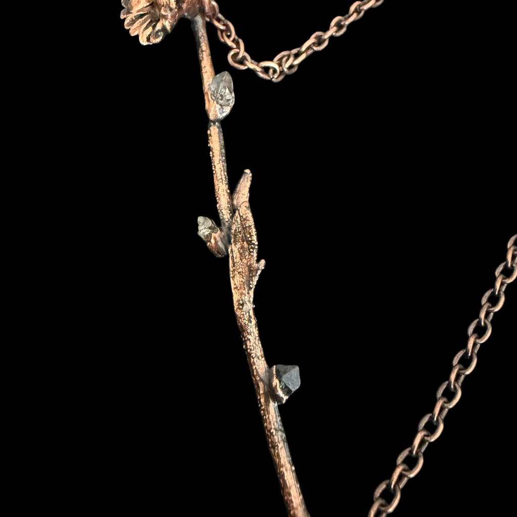 Electroformed Flower Branch Necklace with Herkimer Diamond | Horizontal Copper Bar | Handmade Botanical Jewelry | Boho Crystal