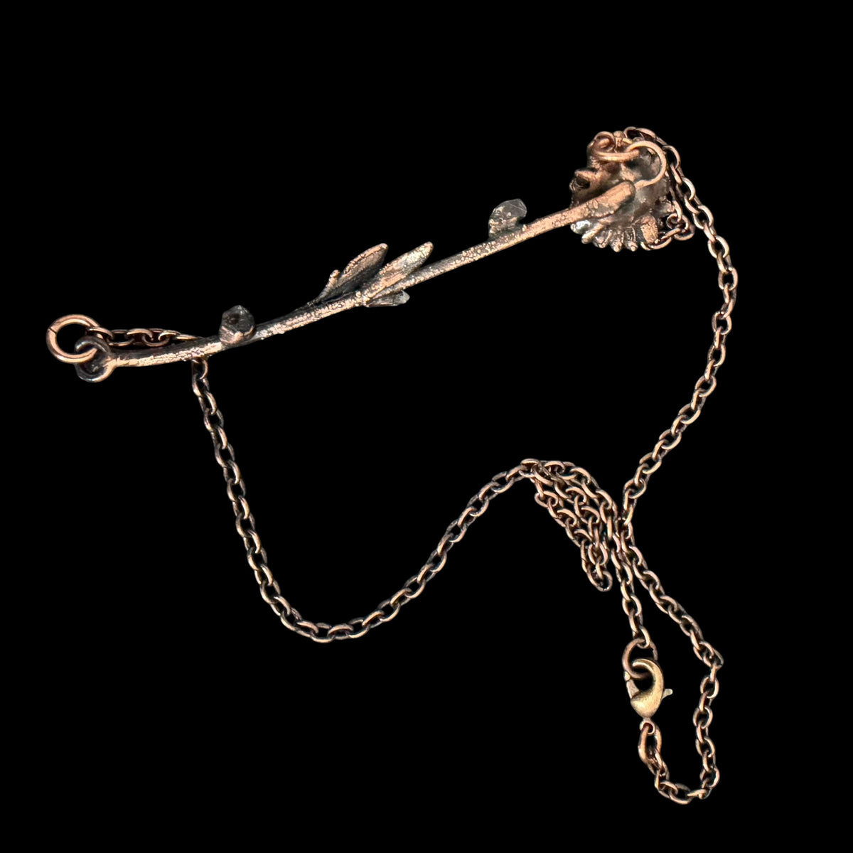 Electroformed Flower Branch Necklace with Herkimer Diamond | Horizontal Copper Bar | Handmade Botanical Jewelry | Boho Crystal