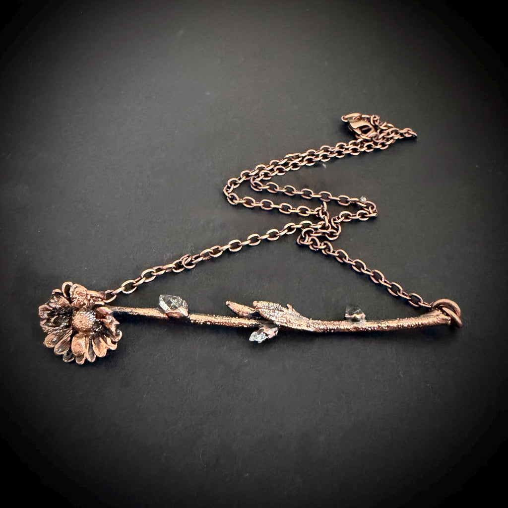 Electroformed Flower Branch Necklace with Herkimer Diamond | Horizontal Copper Bar | Handmade Botanical Jewelry | Boho Crystal