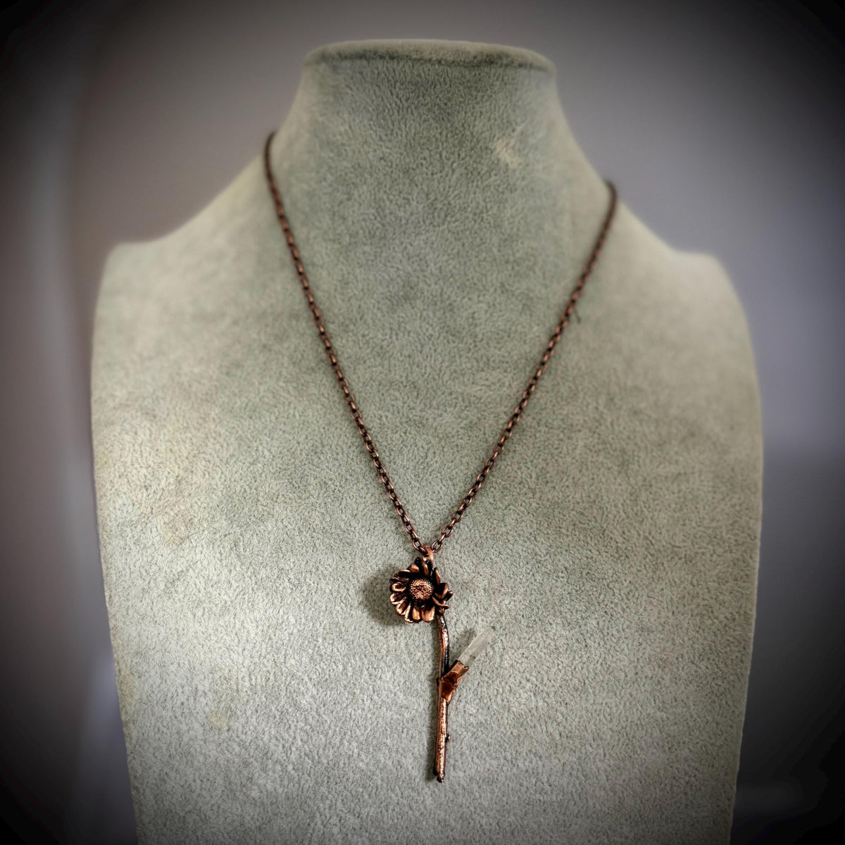Electroformed Real Flower Necklace with Quartz Crystal | Copper Botanical Pendant | Handmade Nature Jewelry | Boho Necklace