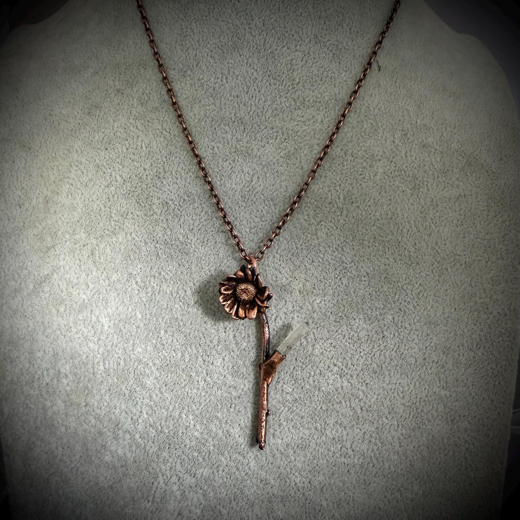 Electroformed Real Flower Necklace with Quartz Crystal | Copper Botanical Pendant | Handmade Nature Jewelry | Boho Necklace