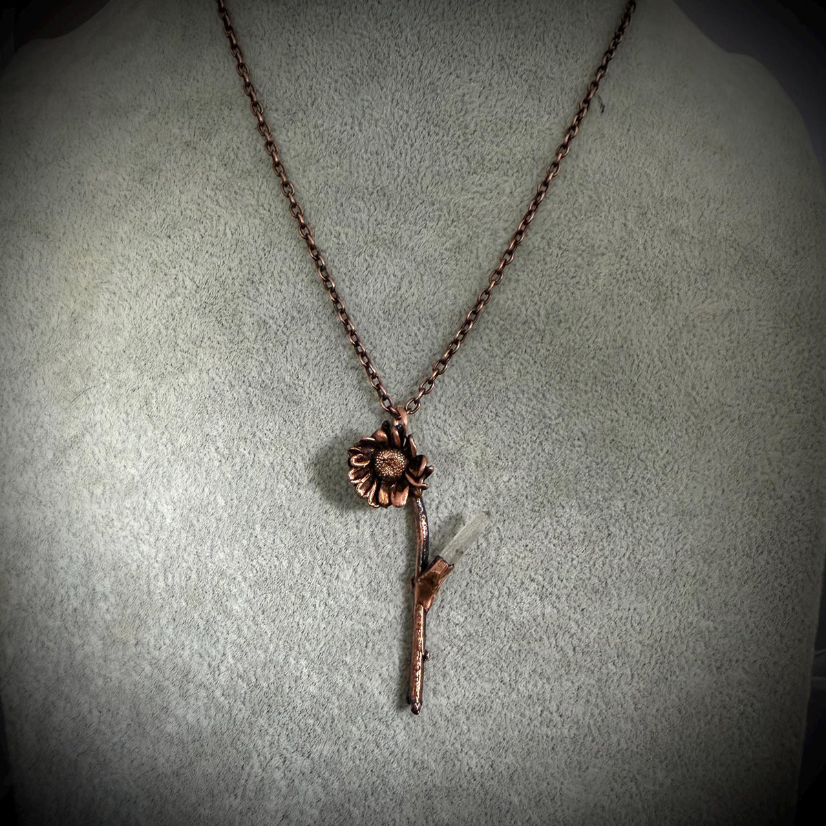 Electroformed Real Flower Necklace with Quartz Crystal | Copper Botanical Pendant | Handmade Nature Jewelry | Boho Necklace