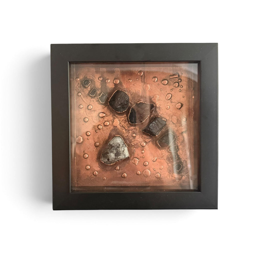 Electroformed Black Tourmaline and Moonstone Wall Art | Framed Copper Crystal Panel | Protection Grounding Decor | Boho Gift