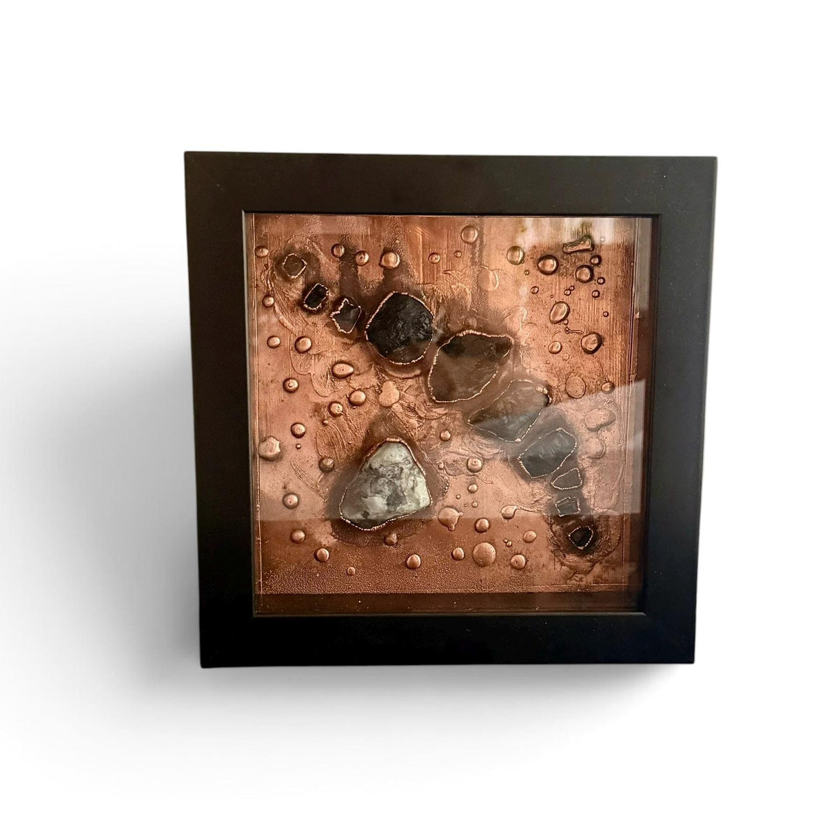 Electroformed Black Tourmaline and Moonstone Wall Art | Framed Copper Crystal Panel | Protection Grounding Decor | Boho Gift