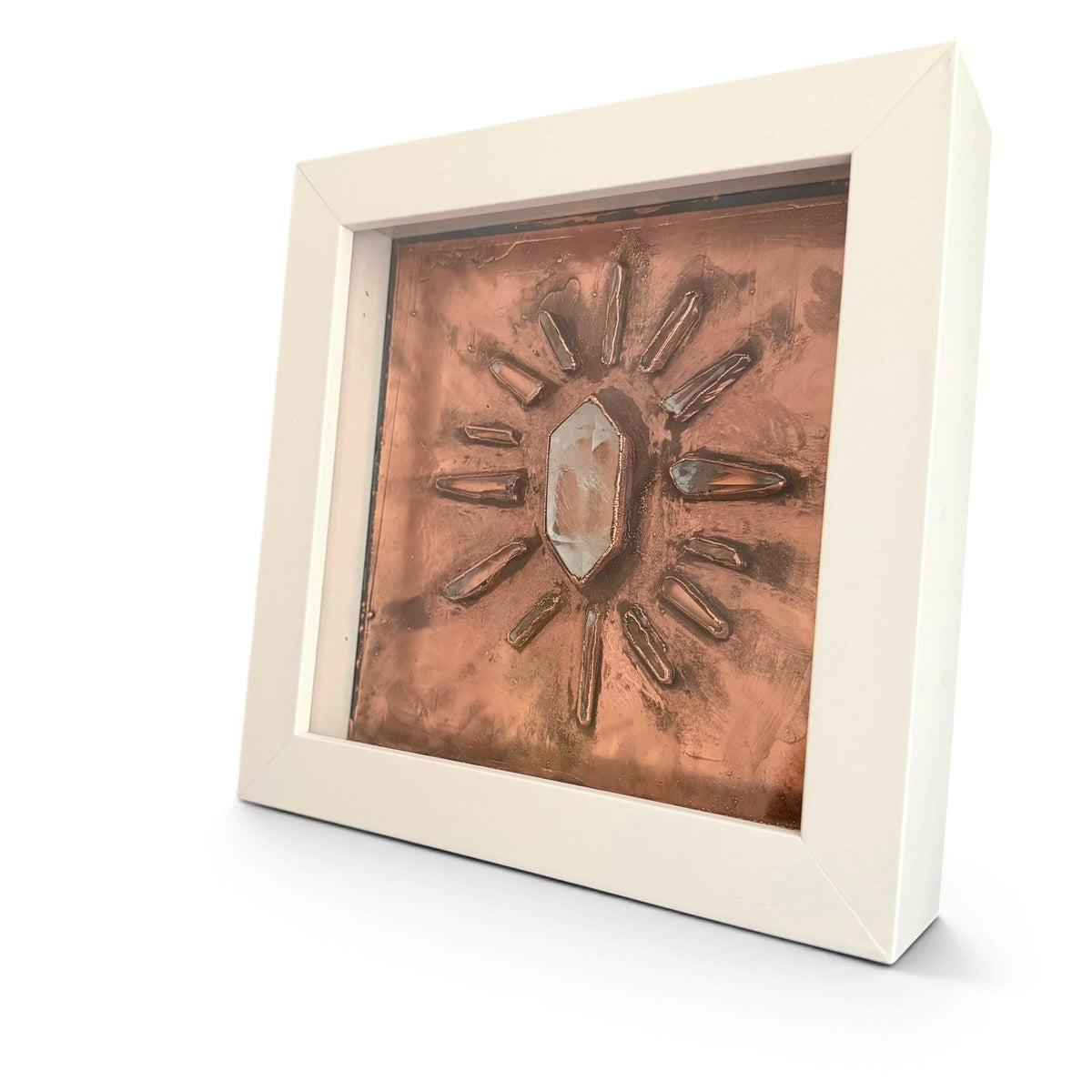 Electroformed Quartz Crystal Sun Wall Art | Framed Copper Lemurian Sunburst Decor | Boho Crystal Healing Art | Metaphysical Gift