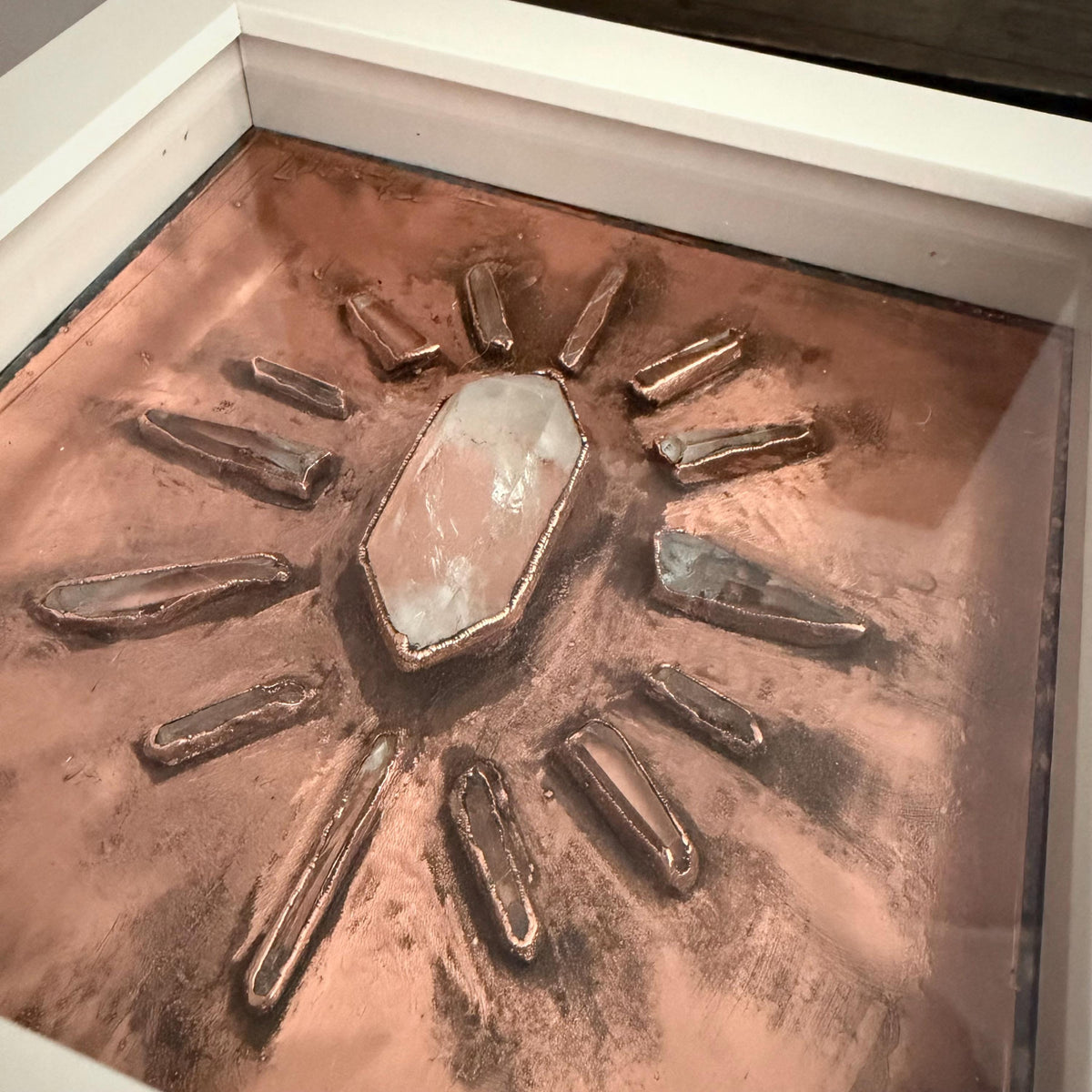 Electroformed Quartz Crystal Sun Wall Art | Framed Copper Lemurian Sunburst Decor | Boho Crystal Healing Art | Metaphysical Gift