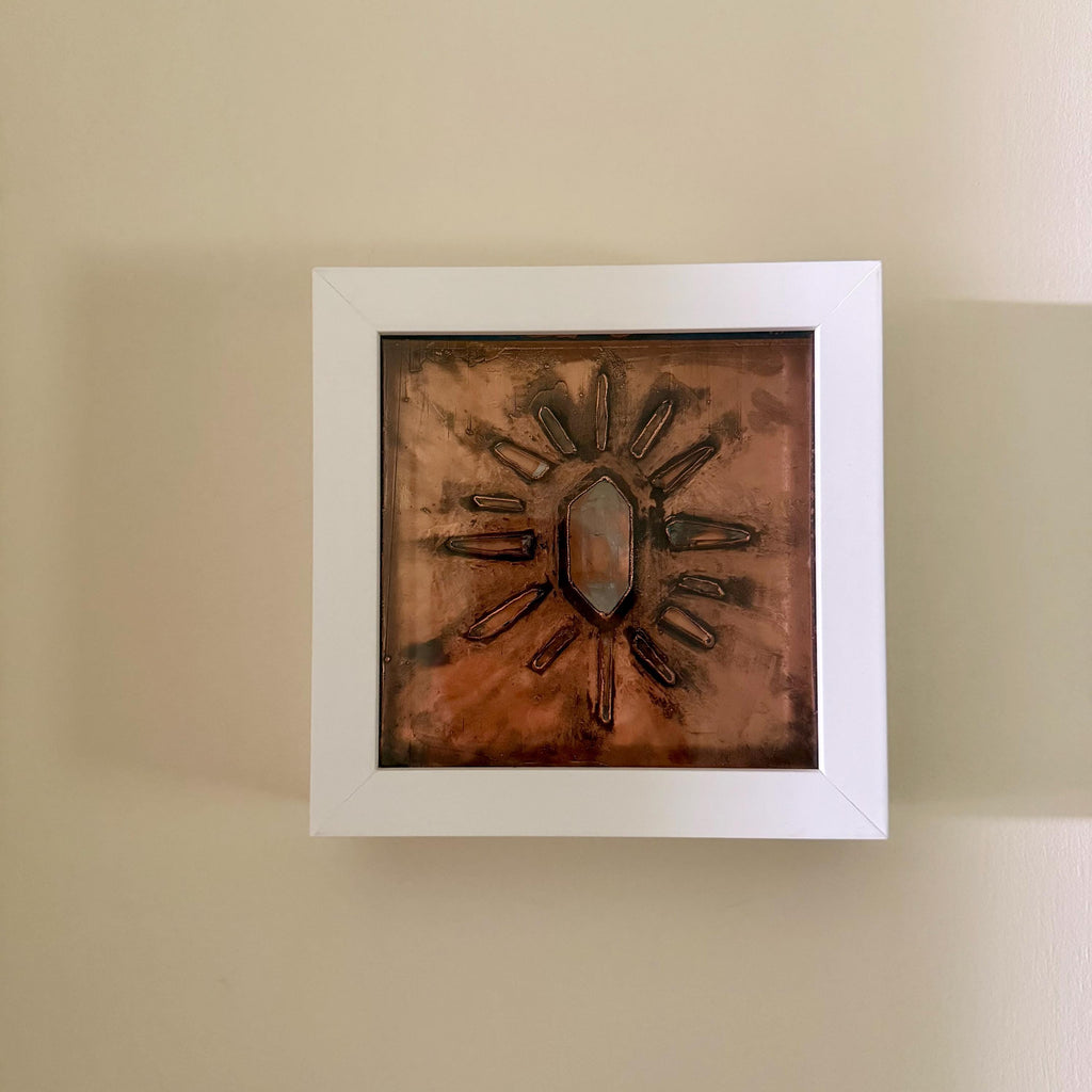 Electroformed Quartz Crystal Sun Wall Art | Framed Copper Lemurian Sunburst Decor | Boho Crystal Healing Art | Metaphysical Gift