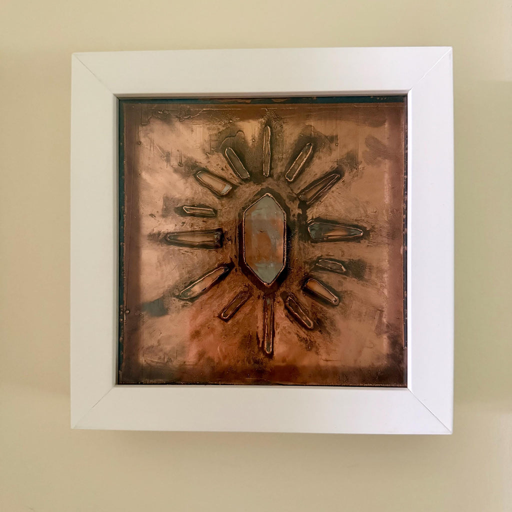 Electroformed Quartz Crystal Sun Wall Art | Framed Copper Lemurian Sunburst Decor | Boho Crystal Healing Art | Metaphysical Gift
