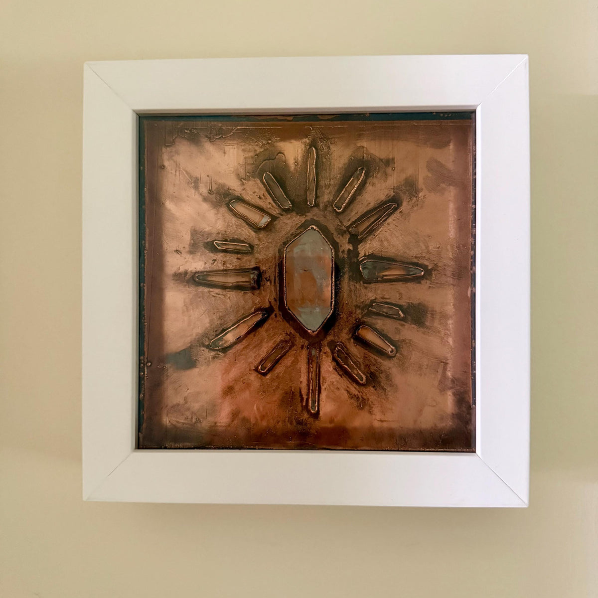 Electroformed Quartz Crystal Sun Wall Art | Framed Copper Lemurian Sunburst Decor | Boho Crystal Healing Art | Metaphysical Gift