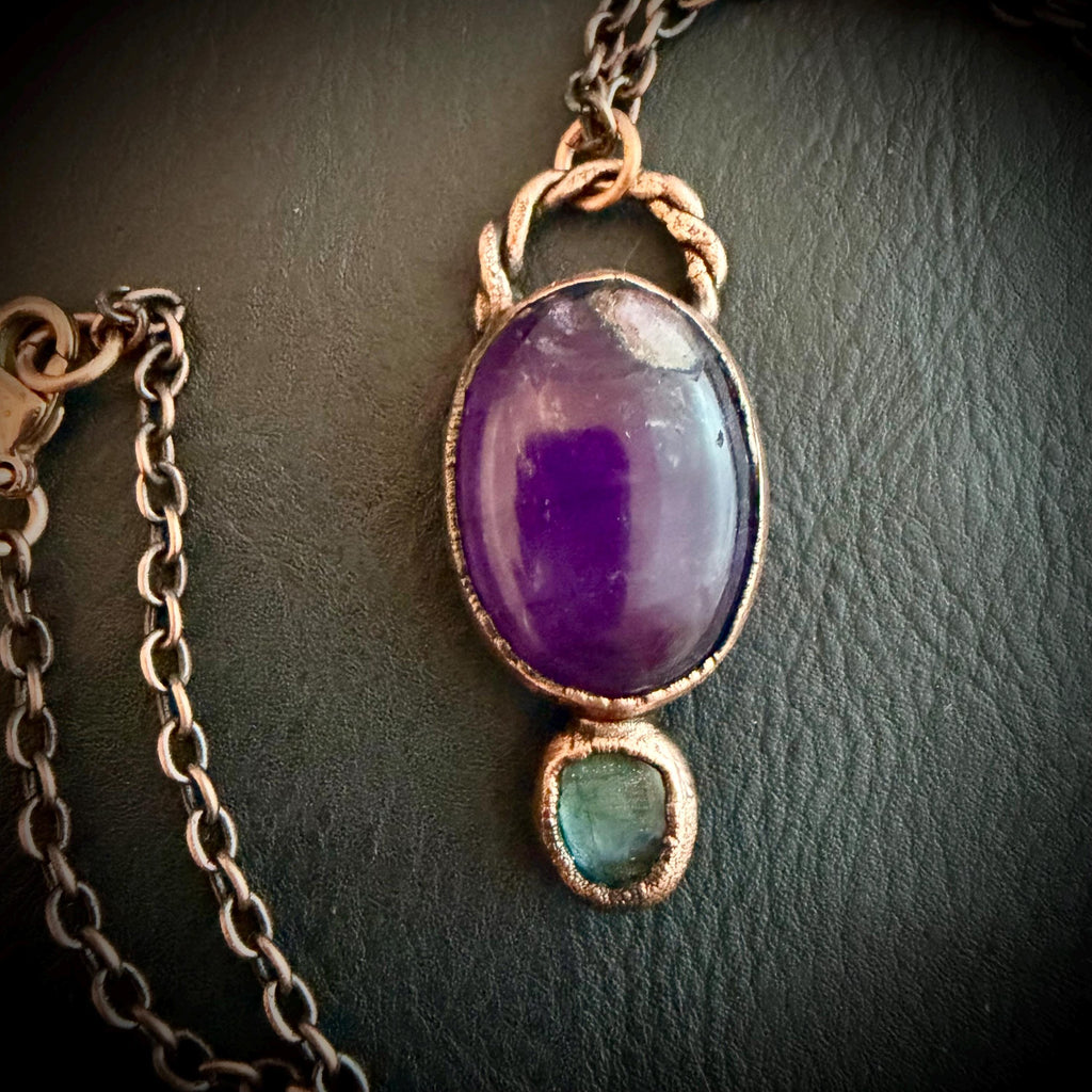 Amethyst & Labradorite Necklace | Electroformed Copper Pendant | Handmade Crystal Jewelry | Boho Healing Gemstone Necklace