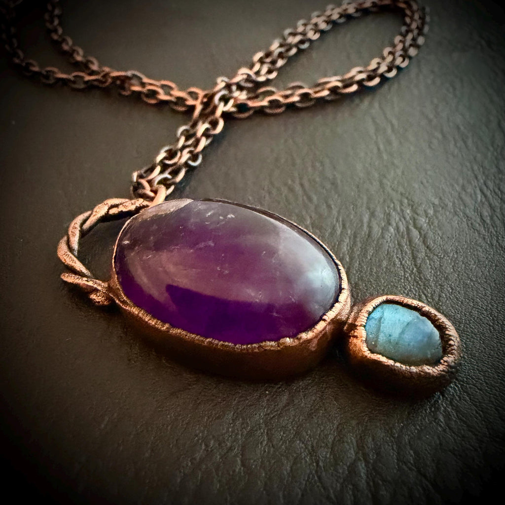 Amethyst & Labradorite Necklace | Electroformed Copper Pendant | Handmade Crystal Jewelry | Boho Healing Gemstone Necklace