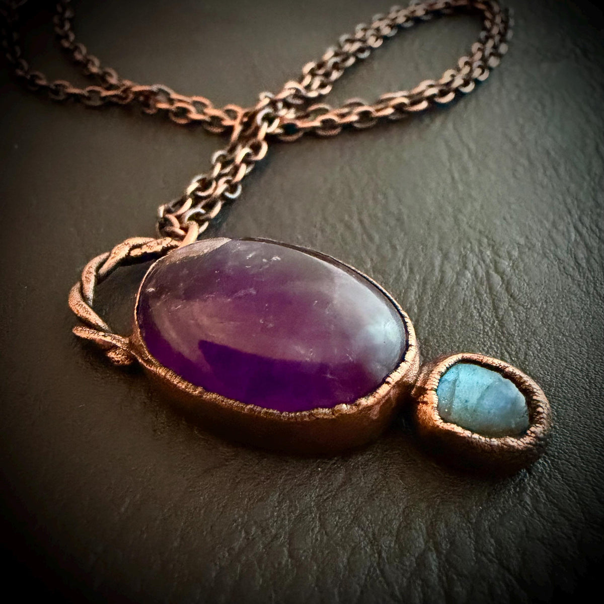 Amethyst & Labradorite Necklace | Electroformed Copper Pendant | Handmade Crystal Jewelry | Boho Healing Gemstone Necklace
