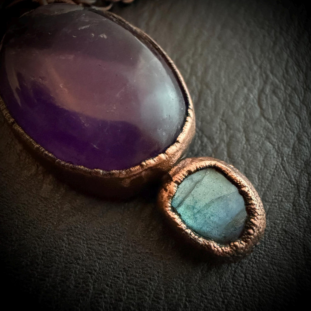 Amethyst & Labradorite Necklace | Electroformed Copper Pendant | Handmade Crystal Jewelry | Boho Healing Gemstone Necklace