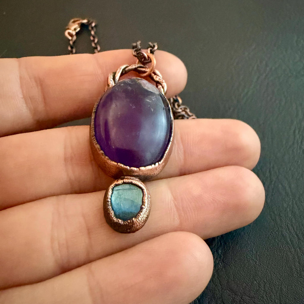 Amethyst & Labradorite Necklace | Electroformed Copper Pendant | Handmade Crystal Jewelry | Boho Healing Gemstone Necklace