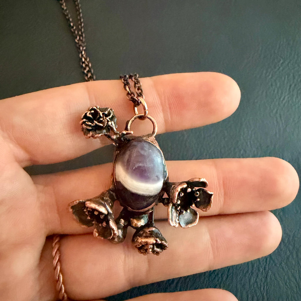 Chevron Amethyst Botanical Necklace | Real Flowers Electroformed in Copper | Handmade Crystal Jewelry | Boho Nature Necklace