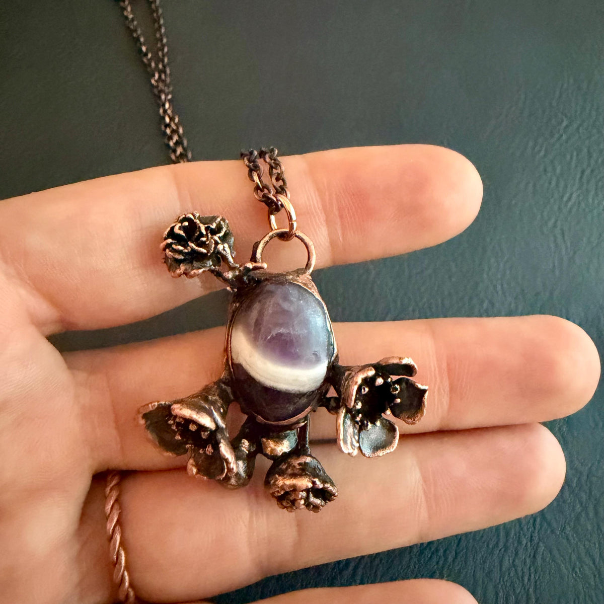 Chevron Amethyst Botanical Necklace | Real Flowers Electroformed in Copper | Handmade Crystal Jewelry | Boho Nature Necklace