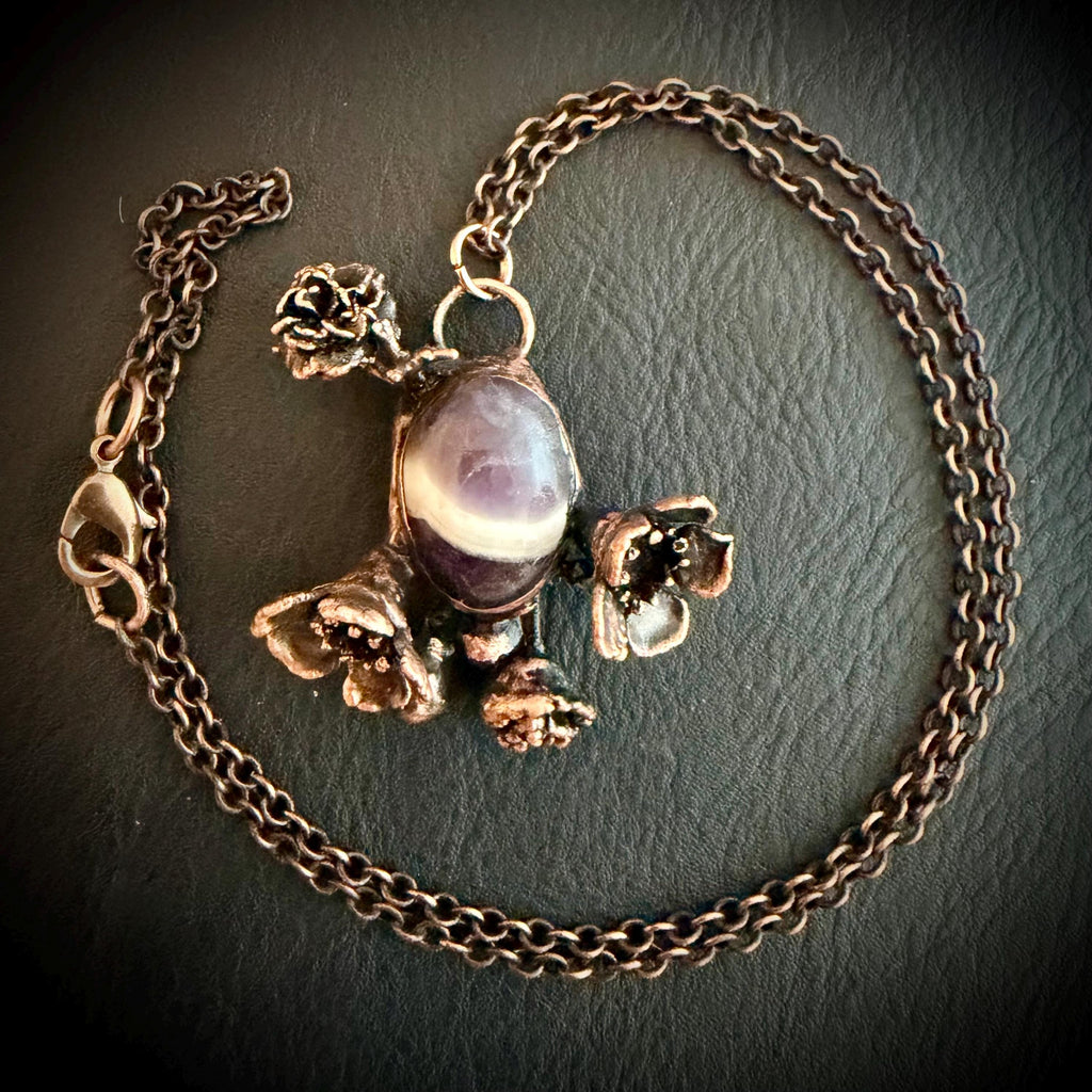 Chevron Amethyst Botanical Necklace | Real Flowers Electroformed in Copper | Handmade Crystal Jewelry | Boho Nature Necklace
