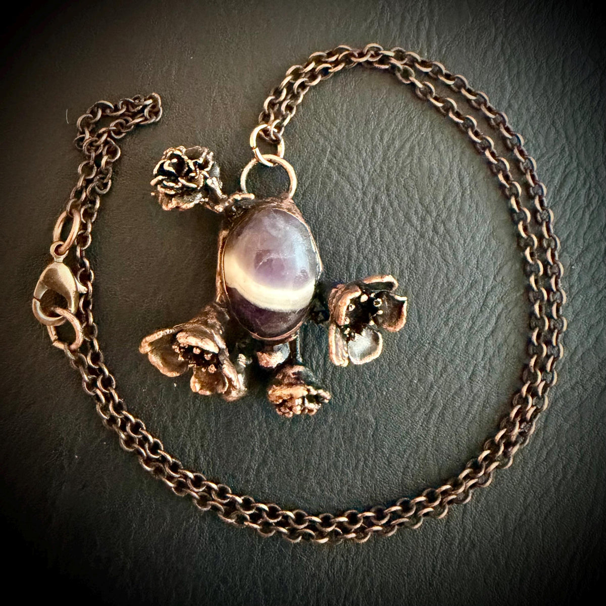 Chevron Amethyst Botanical Necklace | Real Flowers Electroformed in Copper | Handmade Crystal Jewelry | Boho Nature Necklace