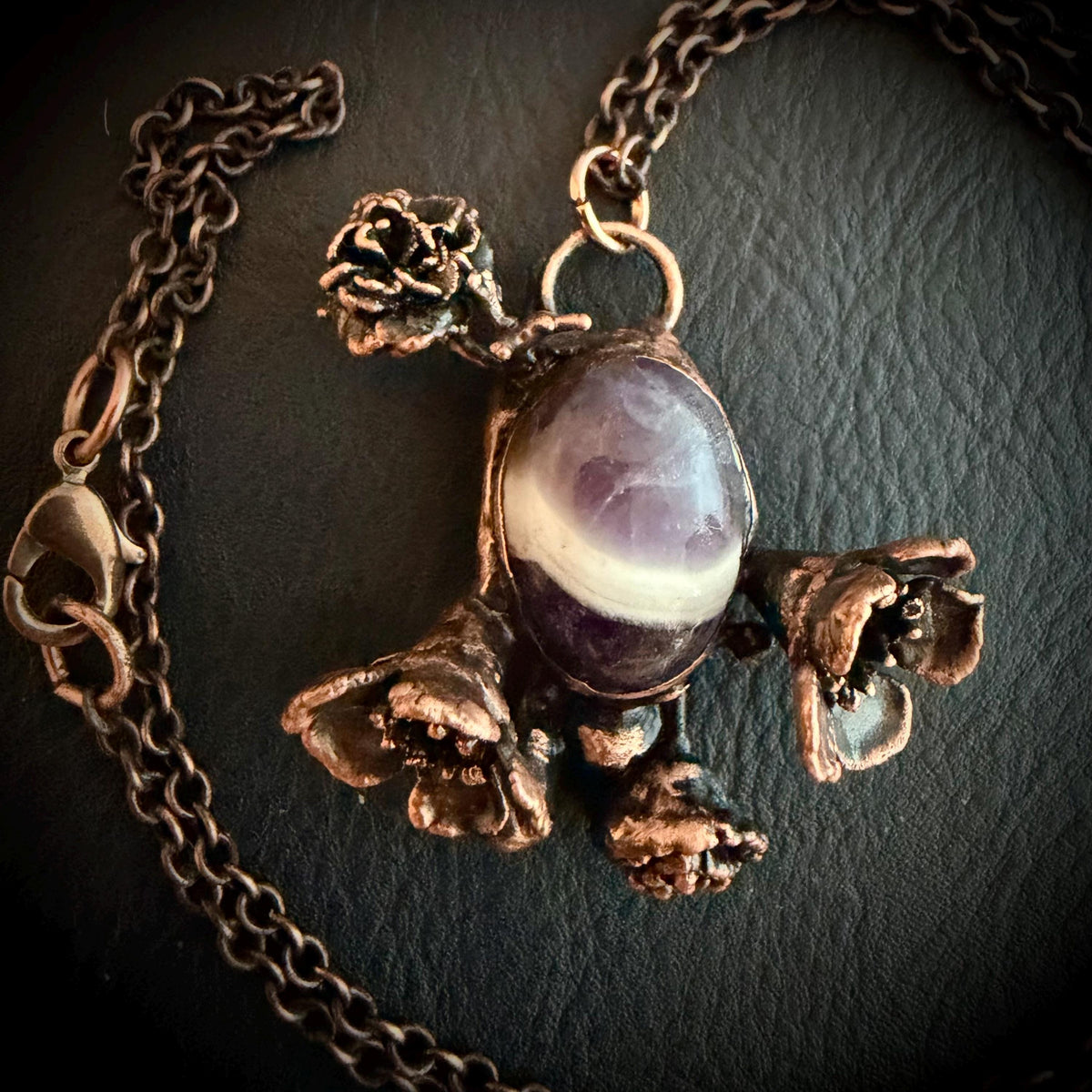 Chevron Amethyst Botanical Necklace | Real Flowers Electroformed in Copper | Handmade Crystal Jewelry | Boho Nature Necklace