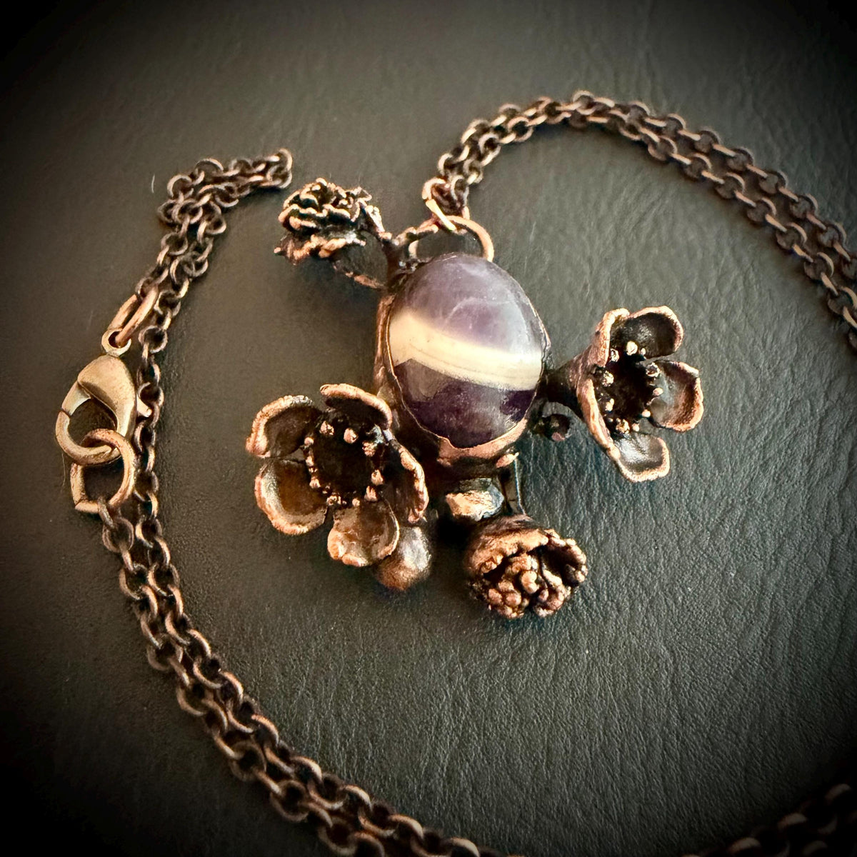 Chevron Amethyst Botanical Necklace | Real Flowers Electroformed in Copper | Handmade Crystal Jewelry | Boho Nature Necklace