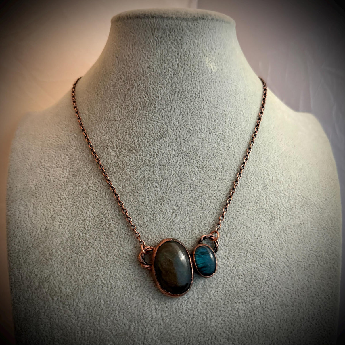 Golden Sheen Obsidian & Labradorite Copper Necklace | Electroformed Pendant | Handmade Crystal Jewelry | Boho Gemstone Necklace