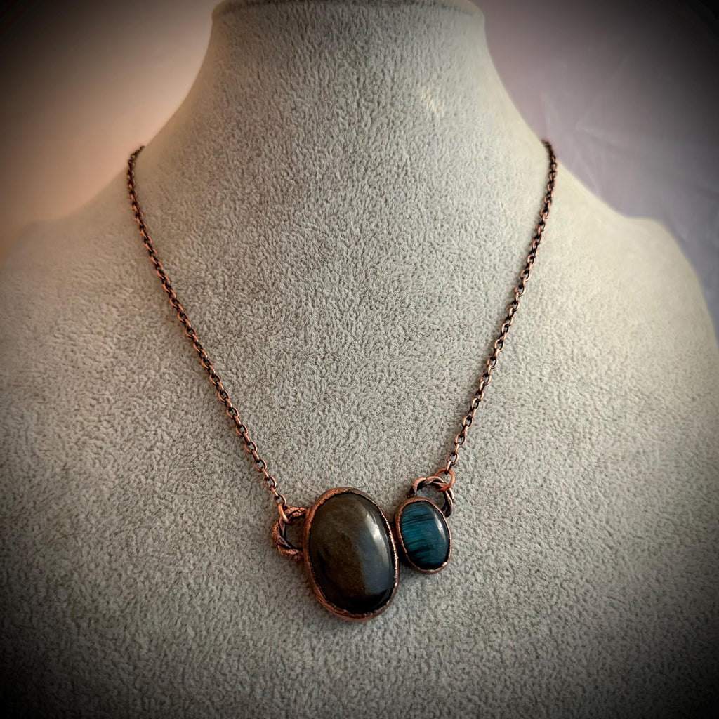 Golden Sheen Obsidian & Labradorite Copper Necklace | Electroformed Pendant | Handmade Crystal Jewelry | Boho Gemstone Necklace