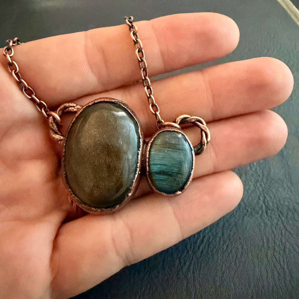 Golden Sheen Obsidian & Labradorite Copper Necklace | Electroformed Pendant | Handmade Crystal Jewelry | Boho Gemstone Necklace