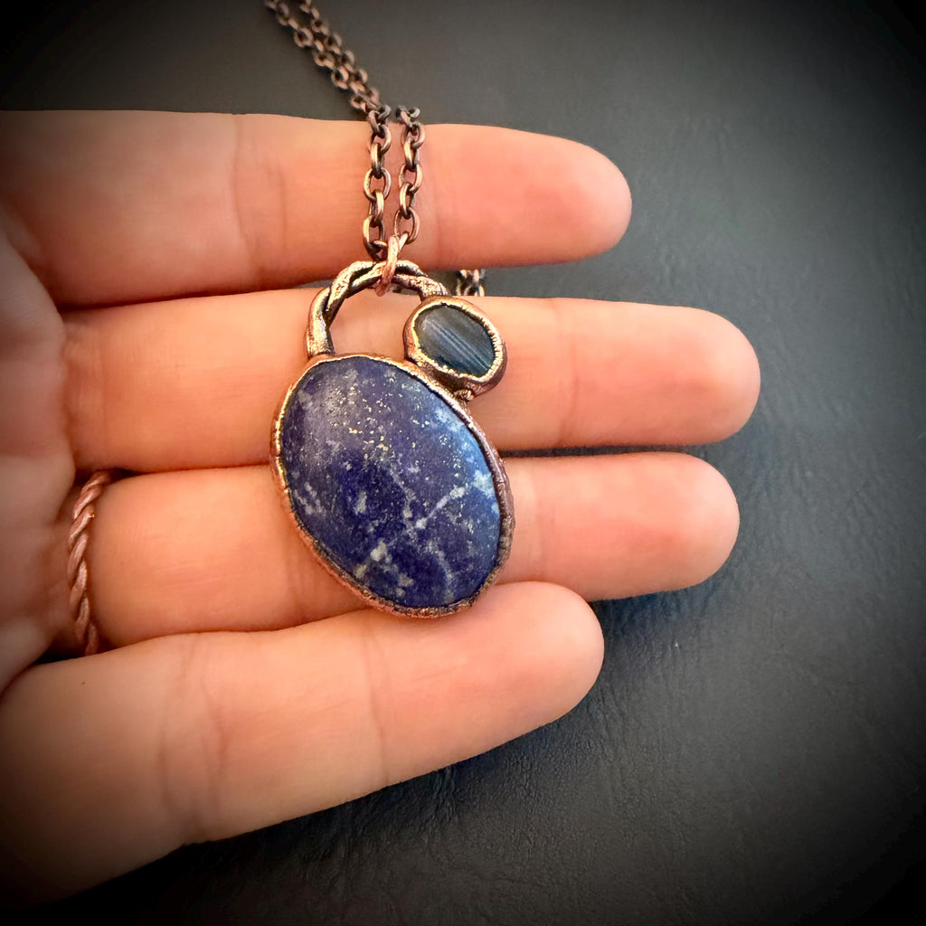 Sodalite & Labradorite Copper Necklace | Electroformed Blue Gemstone Pendant | Handmade Crystal Jewelry | Boho Necklace
