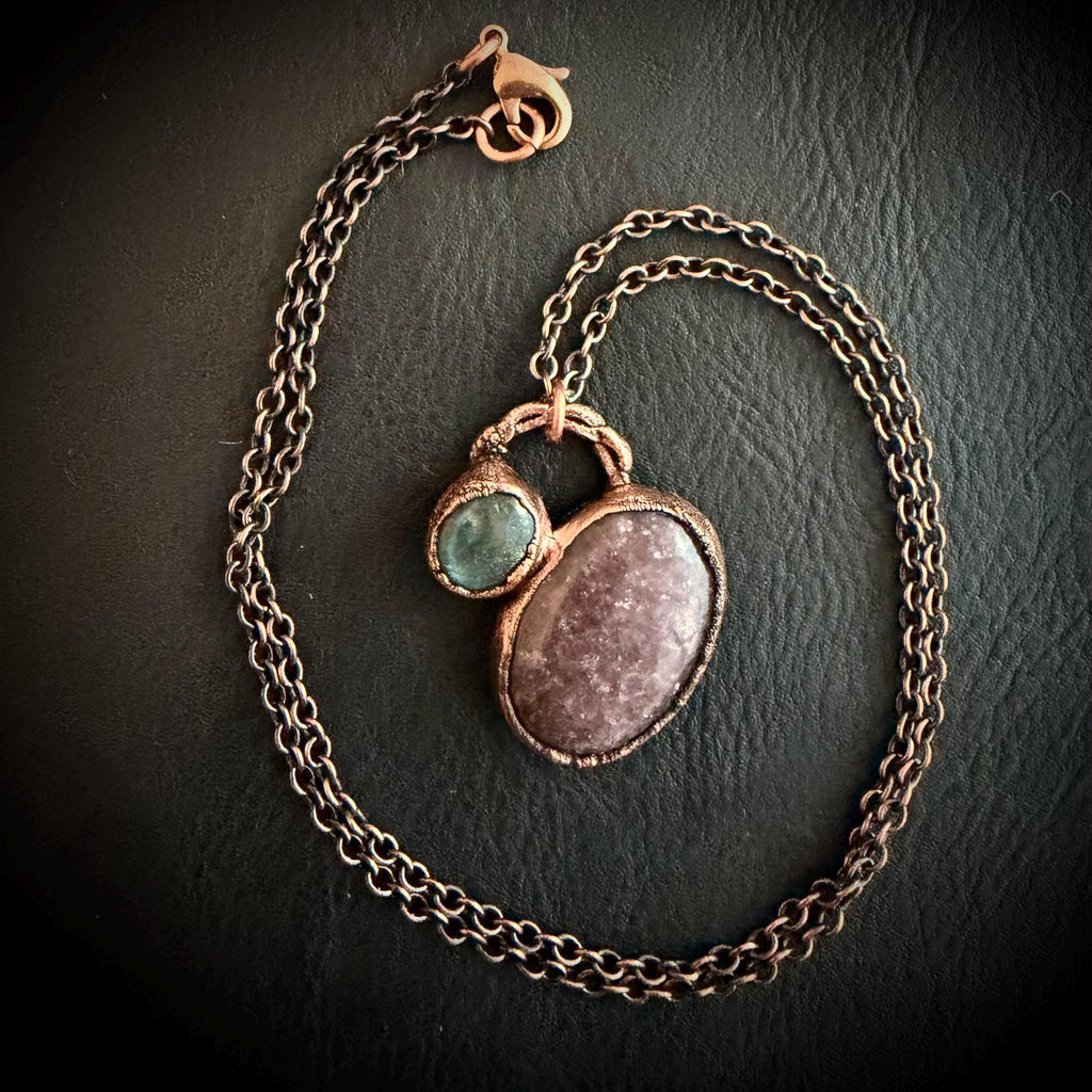Strawberry Quartz & Labradorite Necklace | Electroformed Copper Pendant | Handmade Crystal Jewelry | Boho Pink Gemstone Necklace
