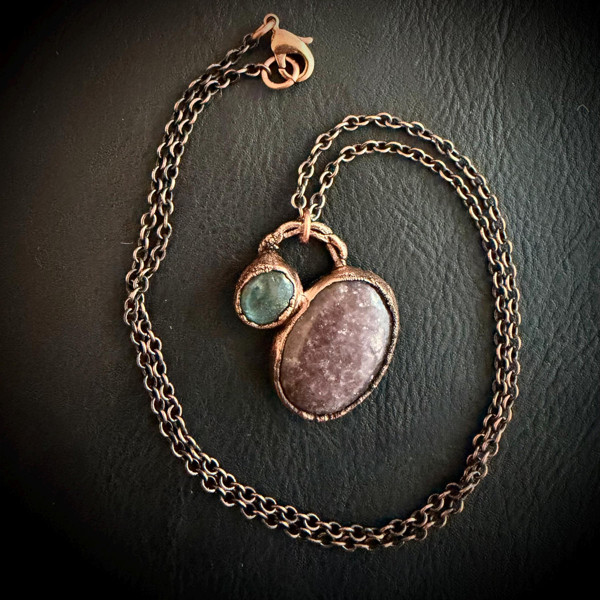 Strawberry Quartz & Labradorite Necklace | Electroformed Copper Pendant | Handmade Crystal Jewelry | Boho Pink Gemstone Necklace