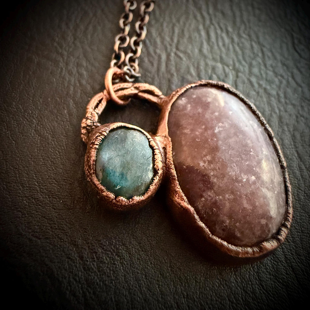 Strawberry Quartz & Labradorite Necklace | Electroformed Copper Pendant | Handmade Crystal Jewelry | Boho Pink Gemstone Necklace