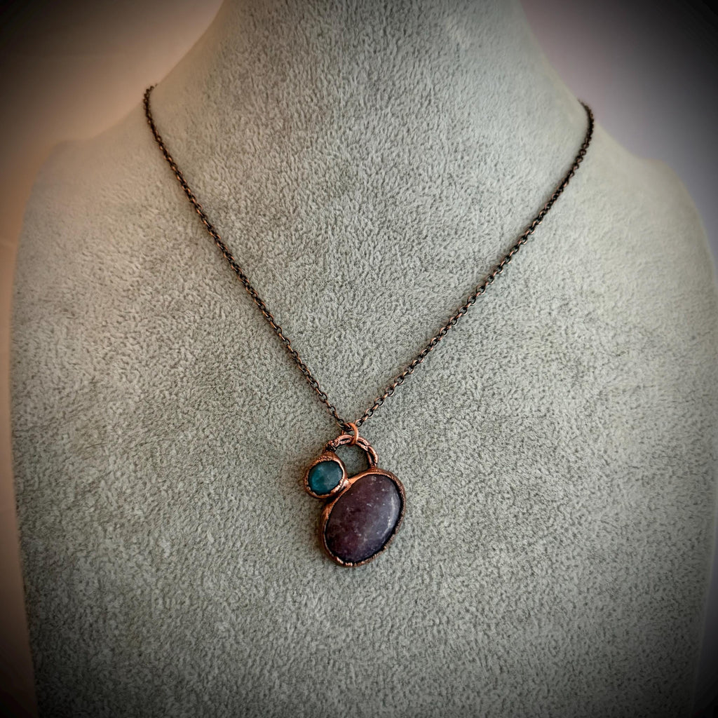 Strawberry Quartz & Labradorite Necklace | Electroformed Copper Pendant | Handmade Crystal Jewelry | Boho Pink Gemstone Necklace