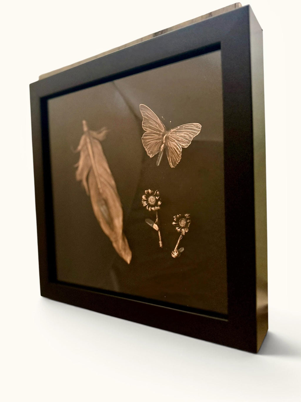 Electroformed Feather Butterfly & Wildflower Shadow Box | Real Nature Preserved in Copper | Lemurian Quartz Wall Art | Boho Gothic Decor