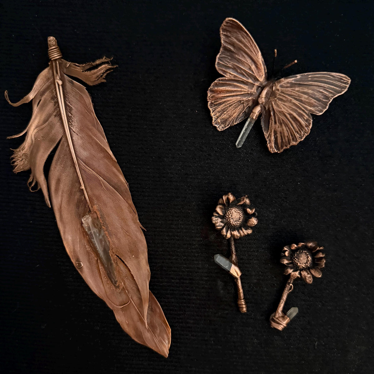 Electroformed Feather Butterfly & Wildflower Shadow Box | Real Nature Preserved in Copper | Lemurian Quartz Wall Art | Boho Gothic Decor