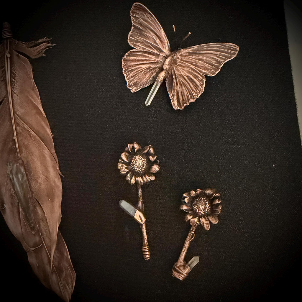 Electroformed Feather Butterfly & Wildflower Shadow Box | Real Nature Preserved in Copper | Lemurian Quartz Wall Art | Boho Gothic Decor