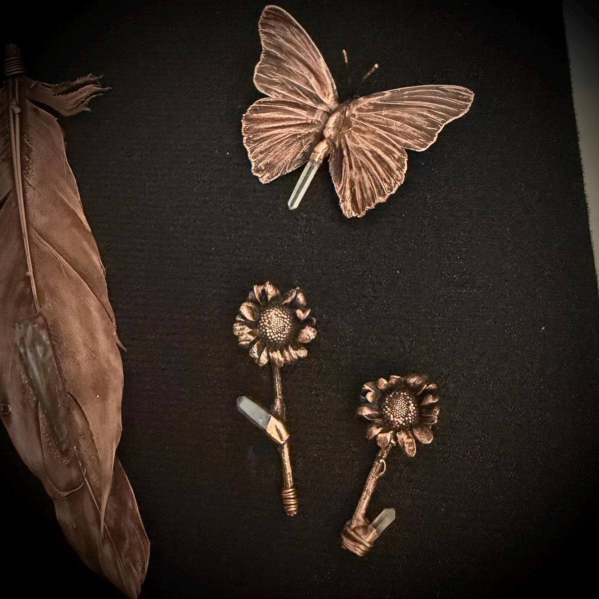 Electroformed Feather Butterfly & Wildflower Shadow Box | Real Nature Preserved in Copper | Lemurian Quartz Wall Art | Boho Gothic Decor