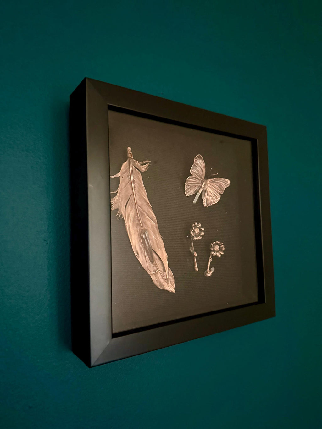 Electroformed Feather Butterfly & Wildflower Shadow Box | Real Nature Preserved in Copper | Lemurian Quartz Wall Art | Boho Gothic Decor