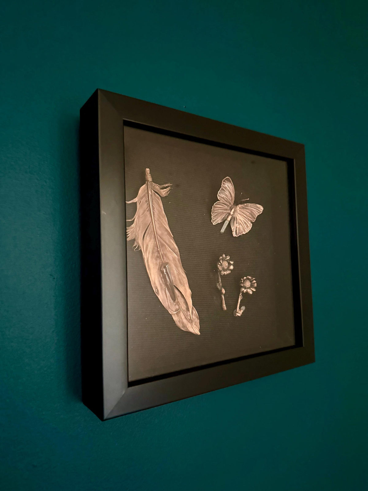 Electroformed Feather Butterfly & Wildflower Shadow Box | Real Nature Preserved in Copper | Lemurian Quartz Wall Art | Boho Gothic Decor