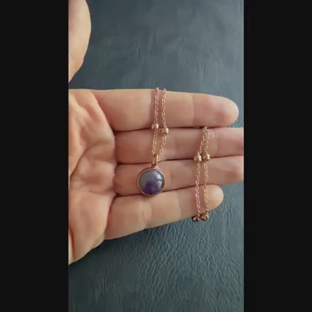 Amethyst Crescent Moon Necklace | Electroformed Copper Pendant | Handmade Crystal Jewelry | Boho Celestial Gift