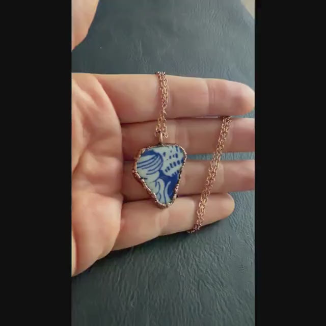 Blue and White Broken China Necklace | Electroformed Copper Pendant | Upcycled Pottery Jewelry | Boho Cottage Gift