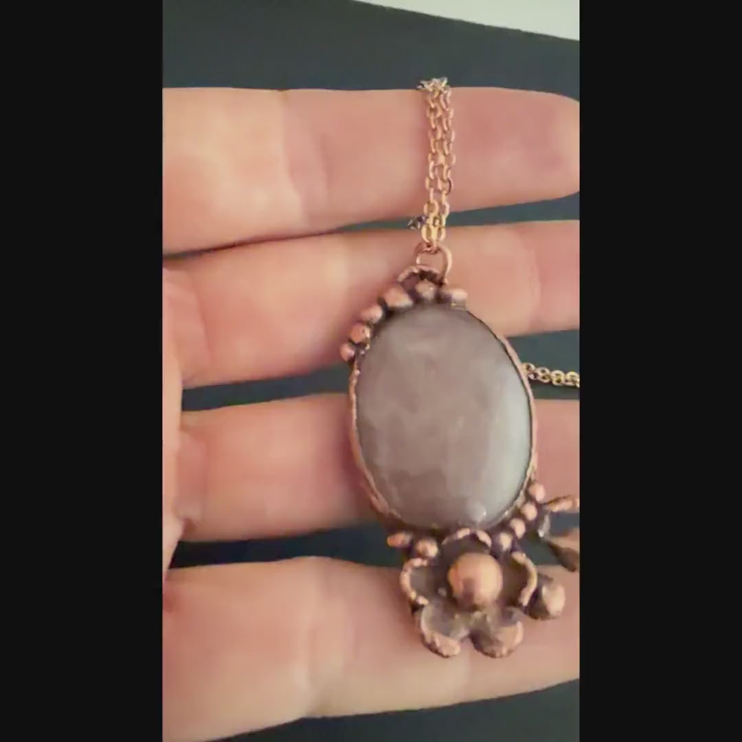Strawberry Quartz Real Flower Necklace | Electroformed Copper Botanical Pendant | Handmade Crystal Jewelry | Boho Love Necklace
