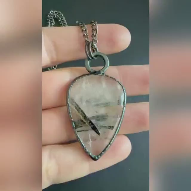 Black Tourmalinated Quartz Pendant | Bold Tourmaline Blades in Clear Quartz | Handmade Electroformed Necklace | Boho