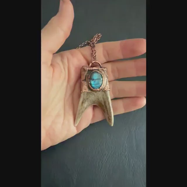 Labradorite & Obsidian Antler Necklace | Electroformed Copper Deer Antler Pendant | Handmade Boho Crystal Jewelry | Witchy Gift