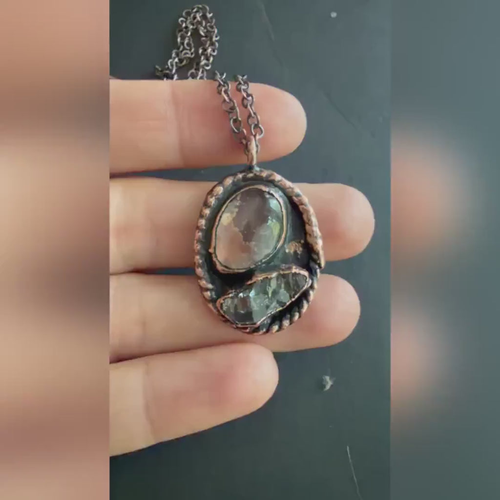 Herkimer Quartz & Quartz Necklace | Electroformed Copper Pendant | Handmade Crystal Jewelry | Boho Love Gift