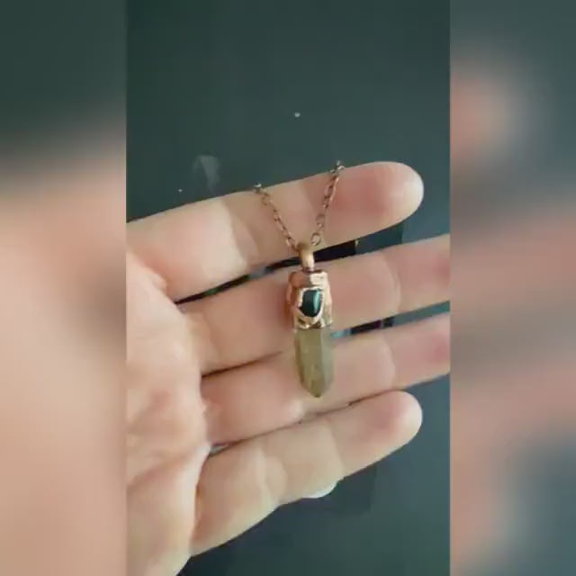 Hematite Quartz Point Necklace with Black Obsidian | Electroformed Copper Crystal Pendant | Handmade Boho Protection