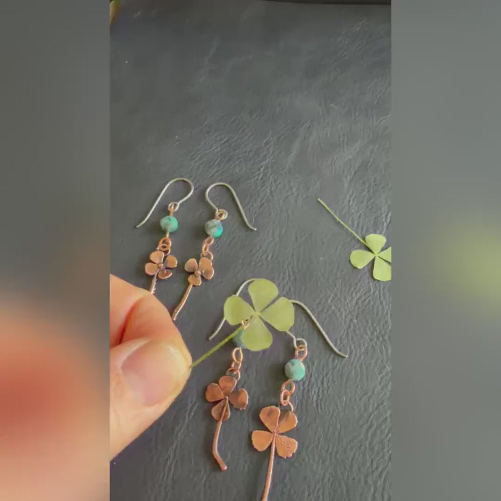 Electroformed Copper Four Leaf Clover Earrings – Lapis Lazuli, Titanium