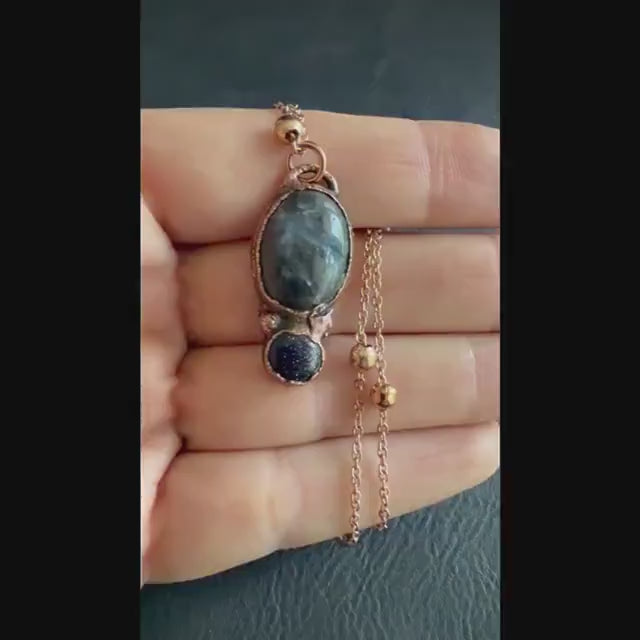Plum Blossom Jasper and Blue Goldstone Necklace | Electroformed Copper Pendant | Handmade Crystal Jewelry | Boho Necklace