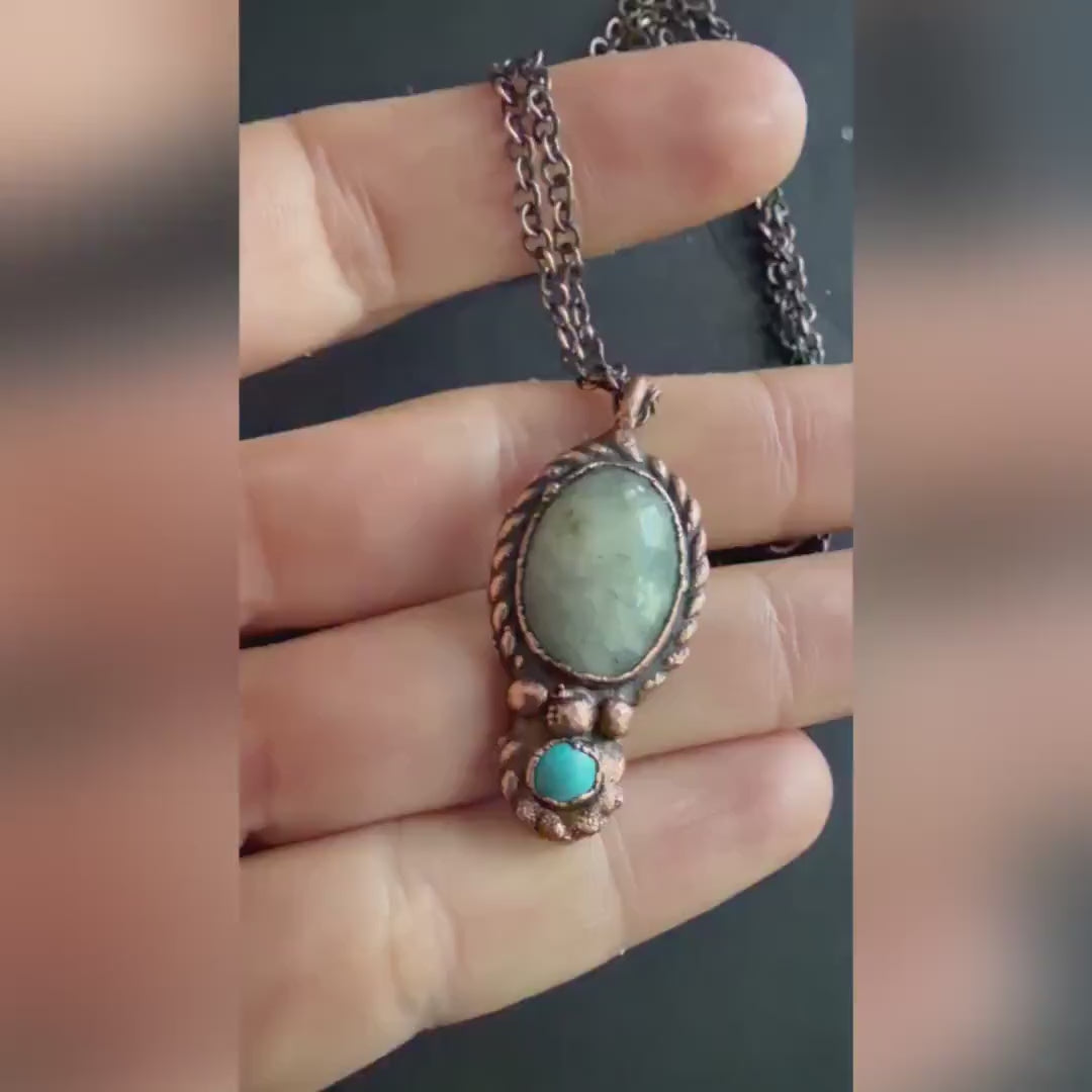 Howlite Necklace with Turquoise Accent | Electroformed Copper Pendant | Handmade Boho Crystal Jewelry | Calming Gift